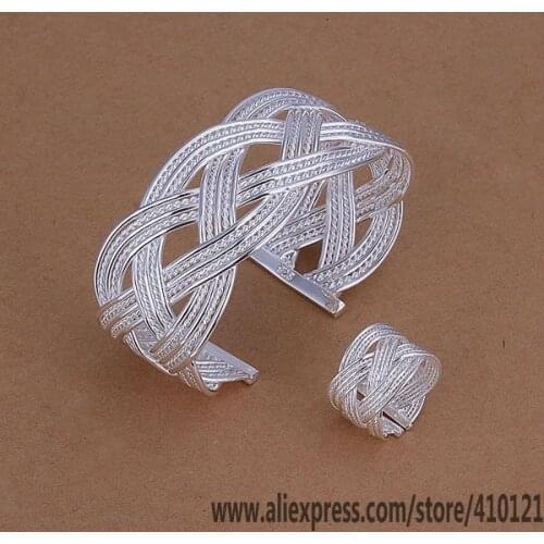 S284 Hot Sale Silver Color Fine Jewelry Sets,Wholesale Fashion Jewelry Elegant Charms Fashion Set Huge Net Mesh Ring Bangle