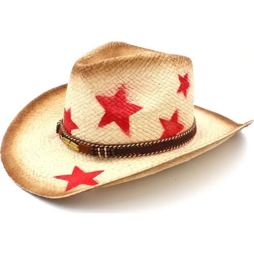 Fashion Women Men Straw Western Cowboy Hat With Punk Leaves Band Star Lady Dad Sombrero Hombre Cowgirl Jazz Caps Size 58CM