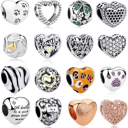 Genuine 925 Sterling Silver Charm Bead Heart Pet Paw Love Mom Crystal Bead Fit Original Charm Bracelet Women DIY Jewelry