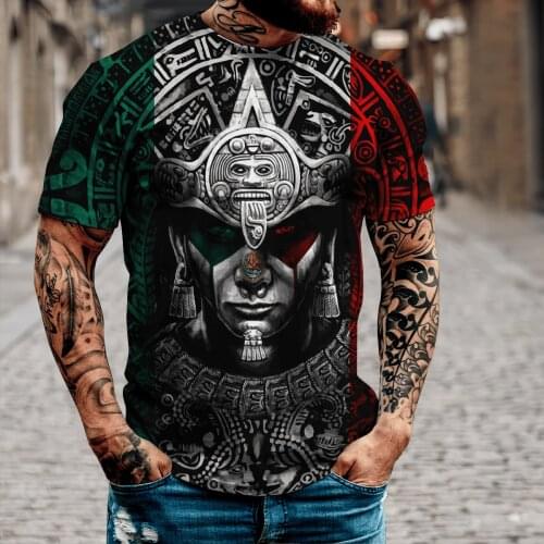 Casual Streetwear Fashion T-shirt Mens Short-sleeved Loose T-shirt Aztec Warrior Tattoo 3D Printing Slim Round Neck Tshirt Men