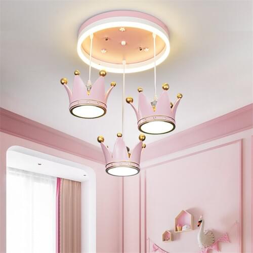 Pink Crown Pendant Lights Childrens Room Lamp Girl Bedroom Princess Room Warm European Living Room Hanging Lights Lighting