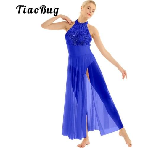 TiaoBug Women Shiny Sequins Sleeveless Long Mesh Ballet Leotard Dress Adult Stage Performance Contemporary Lyrical Dance Costume