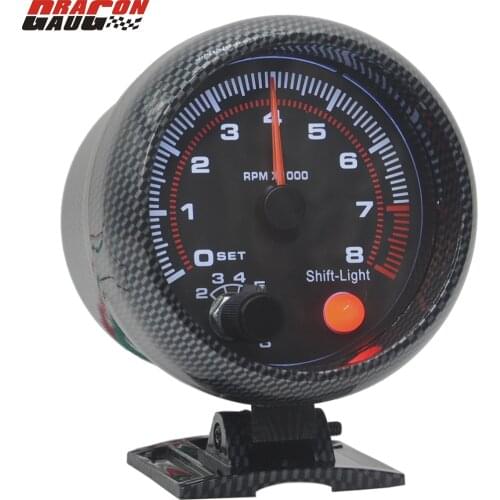 Dragon 3.75 Inch Carbon Grain Paint Shell White Shift-Light Car Tachometer Gauge 0-8000 RPM Meter Warning Function Free Shipping