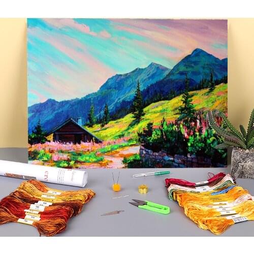 Landscape Summer In The Mountains Printed Fabric 11CT Cross-Stitch Embroidery Patterns DMC Threads Knitting Promotions