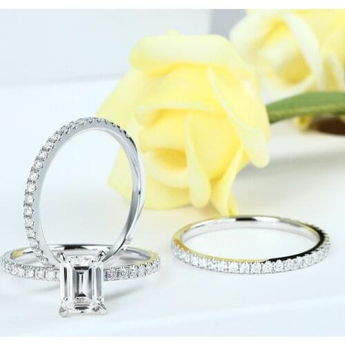 Veryins 14K White Gold 2ct 6*8mm Emerald Cut Moissanite Hidden Halo Engagement Ring Set Bridal Jewelry 3 Pcs