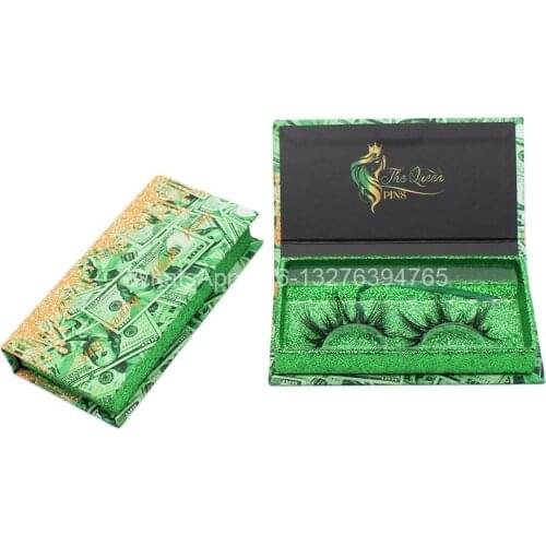 Green Dollar Rectangle Lash Cases Custom Lashbox Packaging Nature Long 25mm 5D Mink Eyelashes Free Plastic Lash Tray