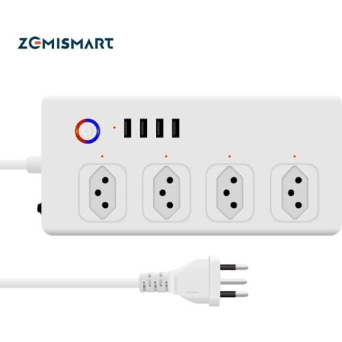 Zemismart Tuya WiFi Filtro de Linha 4 Individuais Disjuntores 10A Plugue Smart Energia Tomadas Plug 4 Tomada Carregador 2.1A USB