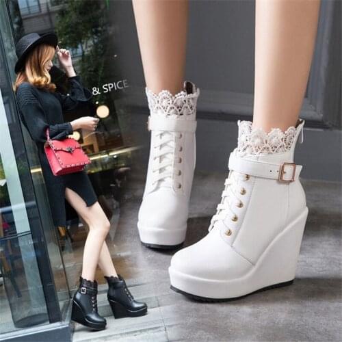 2020 Autumn Women platform wedge boots High-heeled Ankle Boots Fashion Round toe Lace-up Winter Boots Short Boot Ladies Footwear