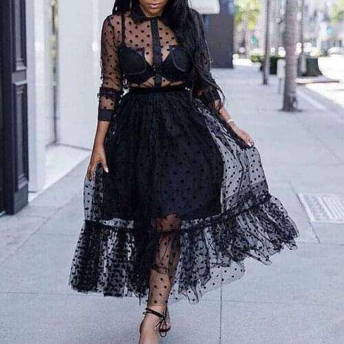2 PCS Summer Women See Through Organza Tops + Dot Tull Skirts Sexy Long Sleeve Plus Size for Nightclub Evening Party 2021