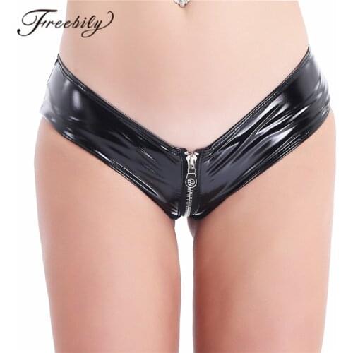 Womens Wetlook Brifes Elastic Waistband Low Rise Underwear Eye-Catching Clubwear Patent Leather Zippered Open Croch Zipper Brief