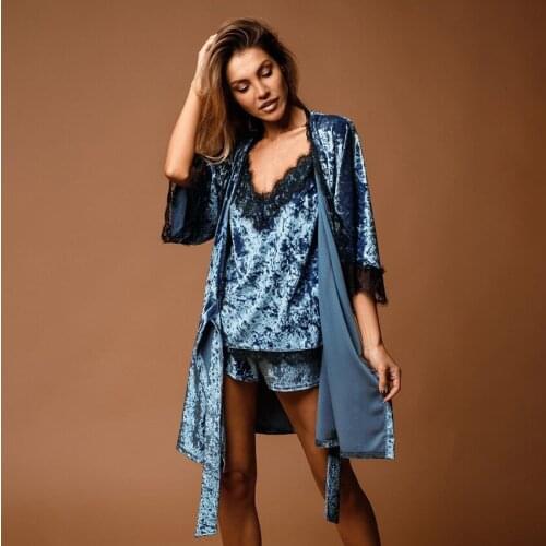 3PCS Womens Pajama Sets 2021 V-Neck Sleepwear Shorts Soft Robe Loose Homewear Casual Suits Lace Sleeve Autumn Winter