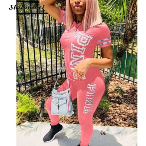 New Pink Letter Print Women Tracksuit Summer Short Sleeve Tshirts + Skinny Pants Suit Casual Two Piece Set Sexy 2 Pcs Outfit XL