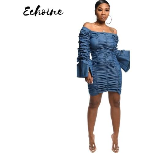 Women Sexy Slash Neck Off Shoulder Long Pleated Bell Sleeve Short Denim Jean Dress Blue Autumn Bodycon Skinny Plus Size Dresses