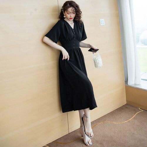 2021 Casual V-neck Short Sleeve A-line Beach Vacation Midi Dresses black Vintage solid Women Summer Dress Vestidos