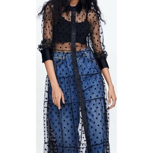 Women Summer Mesh Sheer Transparent Polka Dot Lace Cover up V Neck Button Down Maxi Dress See-through Party Clubwear Beach Dress