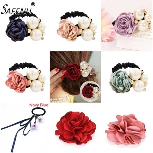 1pc Hair Accessories Women Fashion Style Big Rose Flower Pearl Rhinestone Hair Bands Elastic Hair Rope Ring 6 Colors for Girls