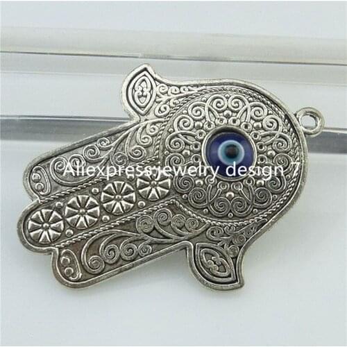 18725 2X Vintage Silver Plus Turkish Macrame Evil Eye Fatima Hamsa Hand Pendant