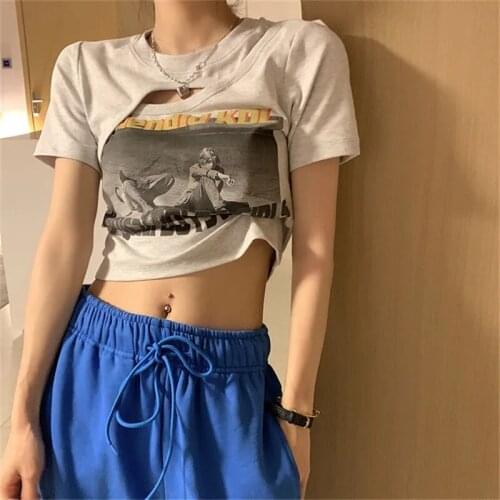 2021 Gray Round Neck Short Sleeve Irregular Casual Commuter Womens T-shirt Sweet and Hot Girl Navel Short Sexy Top