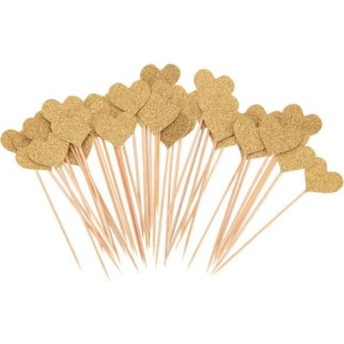 40 Pieces / Set Of Golden Bling Heart Shape Insert Card With Toothpick For Wedding Birthday Party Cute Lovely Gift Cake Decorati