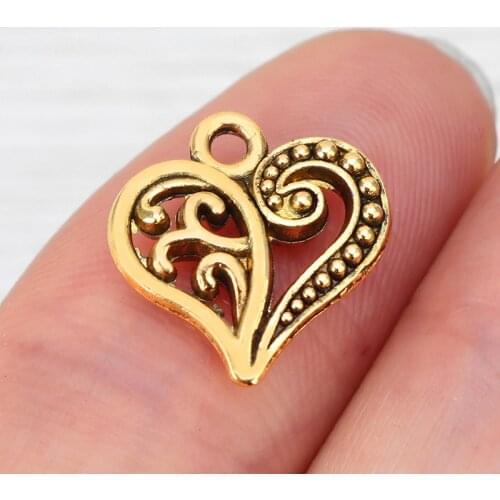 30 x Tibetan Gold Love Heart Charms Pendants Beads 2 Sided for Necklace Bracelet DIY Jewelry Making Findings 14mm