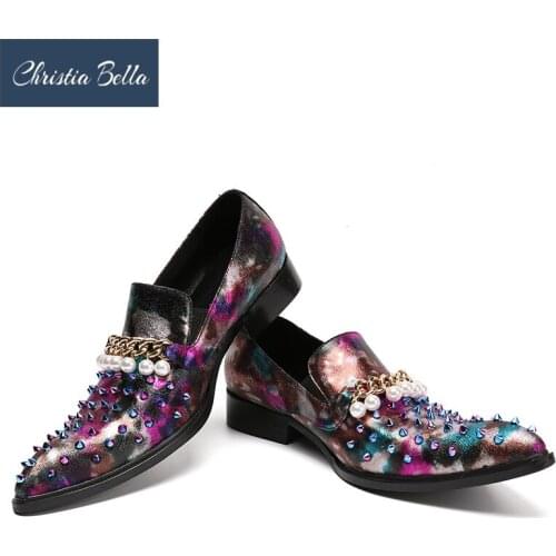 Christia Bella Handcrafted Smoking Slipper Shoes Stuts Mixed Spikes and Pearl Chain Loafers Men Wedding Party Dress Flats Shoes