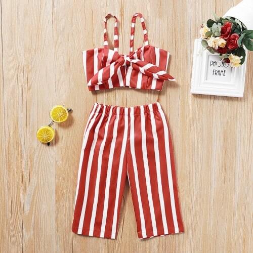 Two Piece Baby Girl Striped Outfits Toddler Kids Clothes Summer Sleeveless Spaghetti Strap Bowknot Tops Pants 2PCS Sets