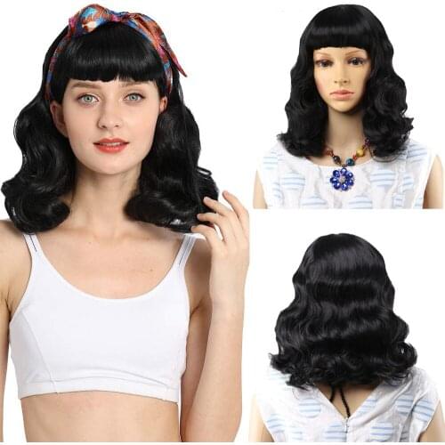 Short Womens Wigs Rockabilly Vintage Wig with Bang Black Pink Golden Synthetic Wavy Wig for Women Daily Party False Hair