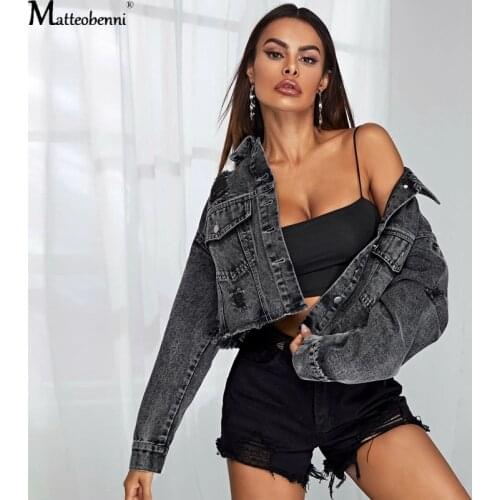 Autumn Women Sexy Ripped Denim Jackets Vintage Casual Short Jean Jacket Long Sleeve Winter Female Fashion Frayed Denim Jacket
