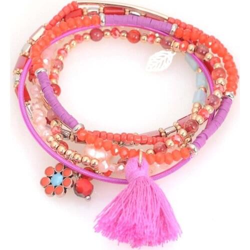 Miasol Bohemian Multilayer Imitation Crystal Bead Bracelet Crystal Beads Tassel Elastic Bracelets Bangles for Women Gift B1447