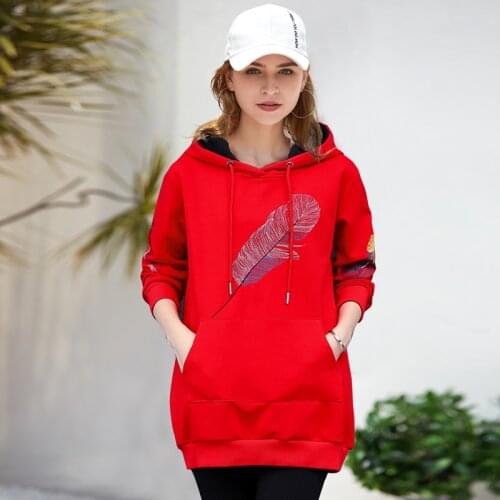 OUMENGKA Harajuku Fashion Embroidery Feather Women Hoodies Vintage Loose Hooded Pullovers Long Sleeve Velvet Thick Sweatshirt