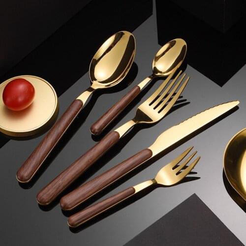 30/20Pcs Imitation Wooden Handle Cutlery Set Stainless Steel Gold Dinnerware Set Service Knife Fork Spoon Wood Tableware Sets