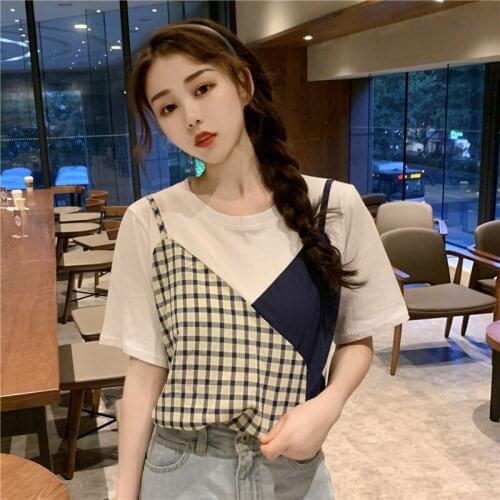 Fake Two Piece Tops Blusa Feminin Manga Corta Camisetas Short Sleeve V-Neck Korea Fashion Summer Cotton Plus Size Koszulki A138
