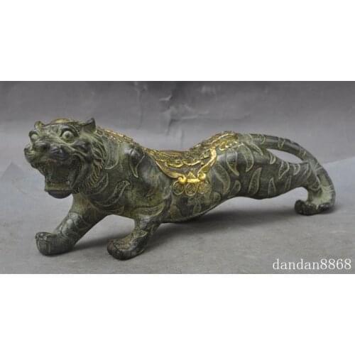 Crafts statue old china fengshui bronze gilt animal zodiac tiger beast roaring lucky statue halloween