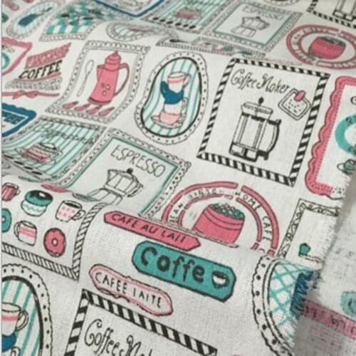 Pretty 50x140cm Cartoon Coffee Cup Stamp Printed Cotton Linen Fabric For DIY sewing TableCloth Mat Pillow