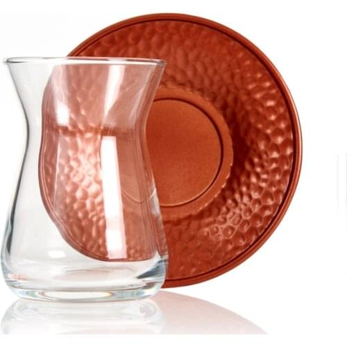 12 Pieces 6 Person Turkish Tea Glass with Engraved Copper Plates Traditional Tea Cups Nordic Style Great Quality New Design