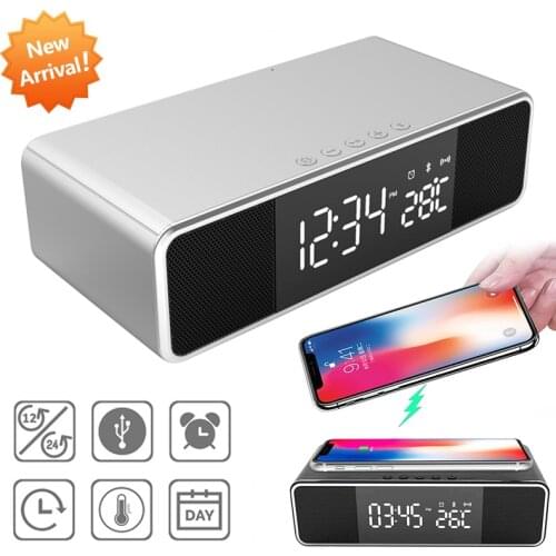 LED Electric Alarm Clock Digital Thermometer Clock HD Mirror Clock with Phone Wireless Charger Date FM Radio Bluetooth Speaker