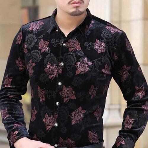 Spring Fall Fashion Men Floral Printed Pattern Long Sleeve Velour Shirt Blouse , Casual Slim Male Man Velvet Slim Shirts Blouses