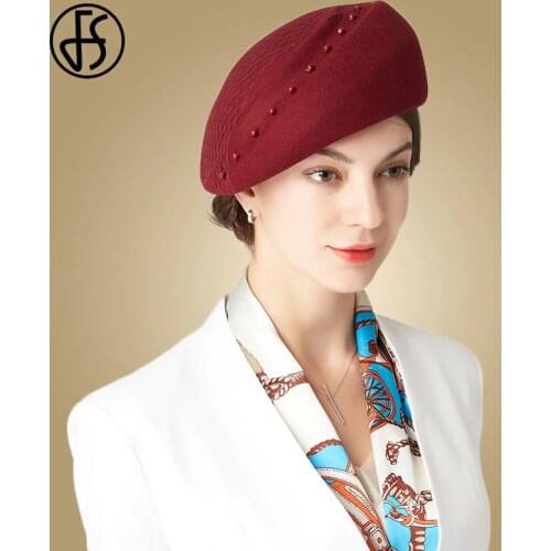 FS 2021 Vintage Wool Fedora Hat Women Red Church Fascinator Hats Pink Black Wedding Hat Lady Felt Mesh Gauze Beaded Pillbox Hat