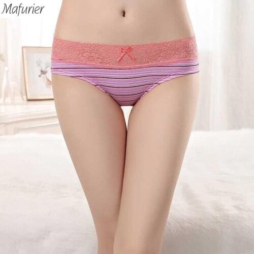 Mafurier Free Shipping Women New Striped Cotton Panties Sexy Low-Waist Briefs Lace Panties For Women Lingeries Underwear6Pcs/Lot