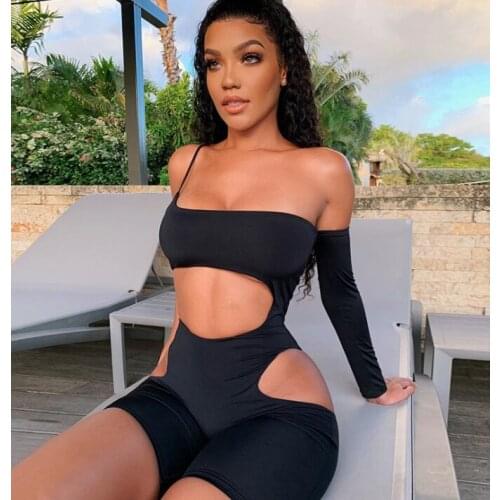 Womens Sexy Jumpsuit Sling Solid Color One Shoulder Off Long Sleeve Hollow Design Slim Wild Fashion Bodysuit Jumpsuit Romper