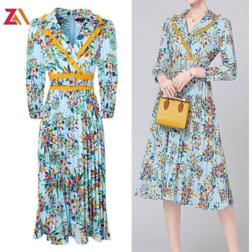 ZALady Designer Office Midi Dress Autumn Spring Traf Floral Printed Vintage Ruffles Long Sleeve Elegant Chic Pleated Dress Femme