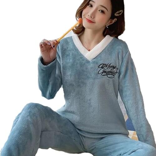 Winter Warm Thicken Flannel Pajamas Set Sweet Women Long Sleeve Cartoon Print Leisure Homewear Sleepwear Tops+Pants