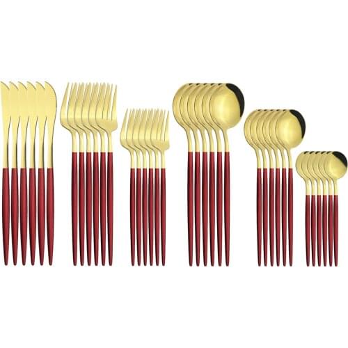 36Pcs Red Gold Cutlery Set Dinner Knives Dessert Forks Coffee Spoon Dinnerware Flatware Stainless Steel Tableware Silverware Set