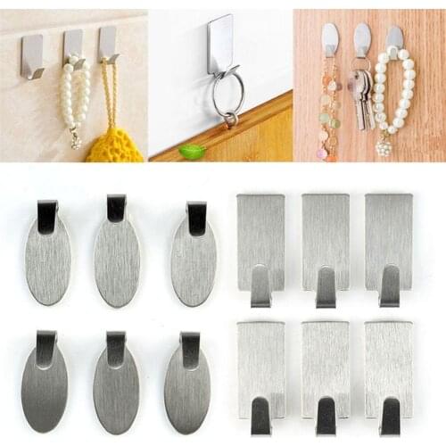 6Pcs Stainless Steel Self-Adhesive Door Wall Bathroom Kitchen Home Hanger Hook Hot