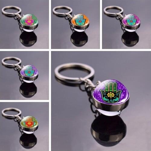 Yoga Hand of Fatima Judaica Glass Ball Keychain Hamsa Pattern Cabochon Jewelry Pendant Key Ring Creative Accessories Gifts