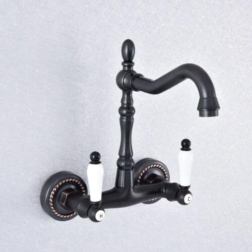 Oil Rubbed Bronze Dual Handles Bathroom Kitchen Sink Faucets Wall Mounted Swivel Spout Two Holes Kitchen Mixer Taps Nsf752