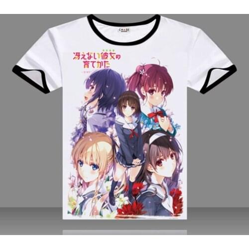 Saekano T-shirts Black O-Neck Short Sleeve Katou Megumi Tops Aki Tomoya Printed Fashion Tees for Summers