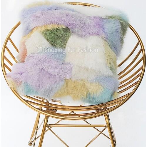 CX-D-177 Patchwork Multi Color Sheepskin Pillow Covers Genuine Lamb Fur Pillow Case for Living Room