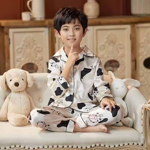 Kids Satin Pajamas Spring Long Sleeve Unisex Loungewear Full Summer Suit Silk Baby Girls Nightwear Boys Pajamas Set Tracksuit