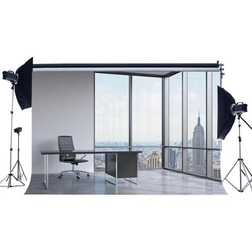 Office Room Backdrop Soft Chair Wood Table French Window New York City Skyscraper Photography Background